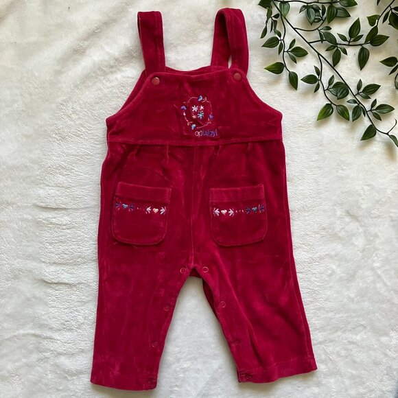 Opbaby Velour Floral Overalls 3-6M | Raspberry Red Plush Baby Romper GUC - Picture 1 of 16